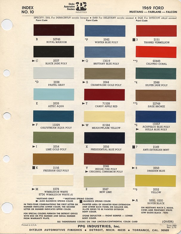 1969 Ford Mustang Color Chart With Paint Mixing Codes
